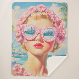 Retro Beach Meisje met Bloemen Zonnebril Sherpa Deken