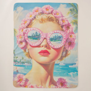 Retro Beach Meisje met Bloemen Zonnebril Sherpa Deken