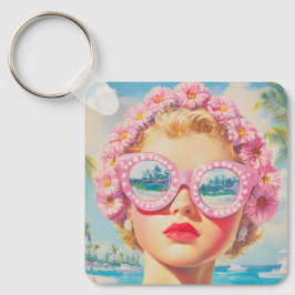 Retro Beach Meisje met Bloemen Zonnebril Sleutelhanger