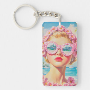 Retro Beach Meisje met Bloemen Zonnebril Sleutelhanger