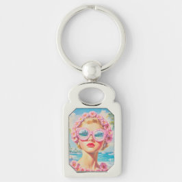 Retro Beach Meisje met Bloemen Zonnebril Sleutelhanger
