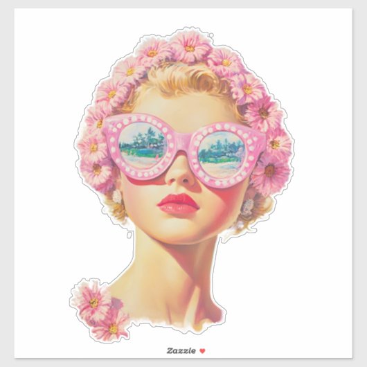 Retro Beach Meisje met Bloemen Zonnebril Sticker (Vel)