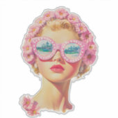 Retro Beach Meisje met Bloemen Zonnebril Sticker (Voorkant)