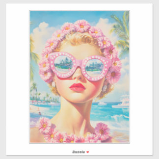 Retro Beach Meisje met Bloemen Zonnebril Sticker