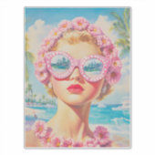 Retro Beach Meisje met Bloemen Zonnebril Sticker (Voorkant)