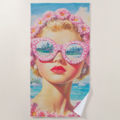 Retro Beach Meisje met Bloemen Zonnebril Strandlaken (Voorkant)