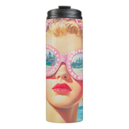 Retro Beach Meisje met Bloemen Zonnebril Thermosbeker