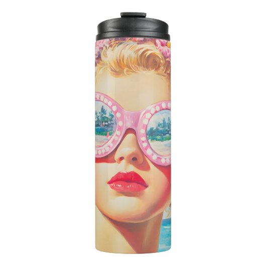Retro Beach Meisje met Bloemen Zonnebril Thermosbeker (Voorkant)
