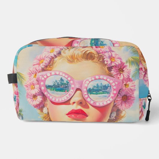 Retro Beach Meisje met Bloemen Zonnebril Toilettasje (Voorkant)