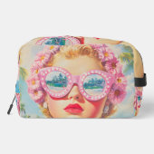 Retro Beach Meisje met Bloemen Zonnebril Toilettasje (Achterkant)
