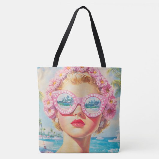 Retro Beach Meisje met Bloemen Zonnebril Tote Bag (Voorkant)