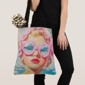 Retro Beach Meisje met Bloemen Zonnebril Tote Bag (Dichtbij)