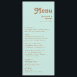 Retro Beach | Menu Aqua Weddenschap<br><div class="desc">Dit retro strand | diner voor een waterbruiloft is perfect voor je eenvoudige , kleurrijke tropische boho-zomerbruiloft. Het unieke bohemische middeleeuwse lettertype geeft dit ontwerp een klassiek, minimalistisch hippiebeeld. Stel dat je op zoek bent naar een design dat heldere, rustige oceaankleuren bevat voor je creatieve 70's strandbruiloft. In dat hoesje...</div>