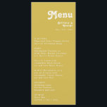 Retro Beach | Menu Gold Weddenrennen<br><div class="desc">Dit retro strand | Het gouden trouwdiner is perfect voor je eenvoudige , kleurrijke tropische boho zomerbruiloft. Het unieke bohemische middeleeuwse lettertype geeft dit ontwerp een klassiek, minimalistisch hippiebeeld. Stel dat je op zoek bent naar een design dat heldere, rustige oceaankleuren bevat voor je creatieve 70's strandbruiloft. In dat hoesje...</div>