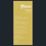 Retro Beach | Menu Gold Weddenrennen<br><div class="desc">Dit retro strand | Het gouden trouwdiner is perfect voor je eenvoudige , kleurrijke tropische boho zomerbruiloft. Het unieke bohemische middeleeuwse lettertype geeft dit ontwerp een klassiek, minimalistisch hippiebeeld. Stel dat je op zoek bent naar een design dat heldere, rustige oceaankleuren bevat voor je creatieve 70's strandbruiloft. In dat hoesje...</div>