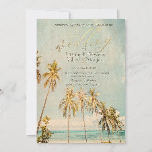 Retro Beach Palms Bruiloft  Kaart (Voorkant)