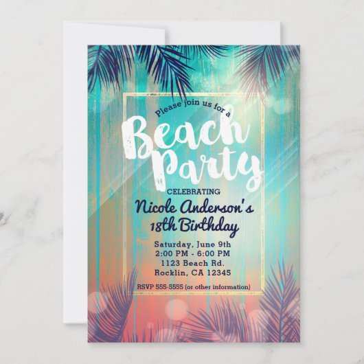 Retro BEACH PARTITY Sunny Palm Trees Summer Birthd Kaart (Voorkant)