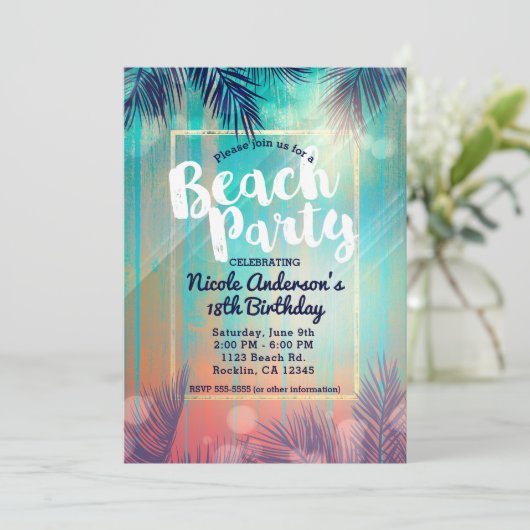 Retro BEACH PARTITY Sunny Palm Trees Summer Birthd Kaart (Staand voorkant)