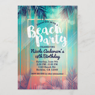 Retro BEACH PARTITY Sunny Palm Trees Summer Birthd Kaart