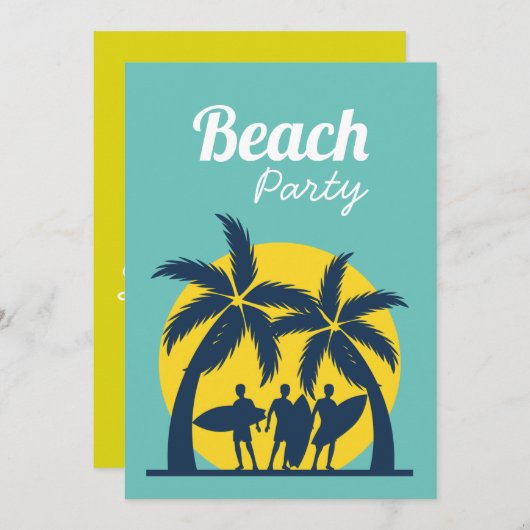 Retro Beach party sunset strand palm tree Invitati Kaart (Voorkant / Achterkant)