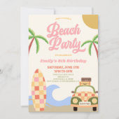 Retro Beach Party Surf Board Roze Verjaardagsfeest Kaart (Voorkant)