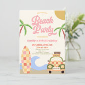 Retro Beach Party Surf Board Roze Verjaardagsfeest Kaart (Staand voorkant)