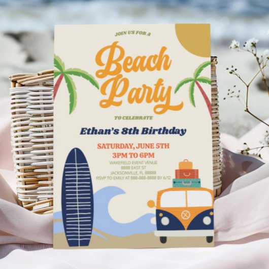 Retro Beach Party Surf Board Verjaardagsfeest Kaart