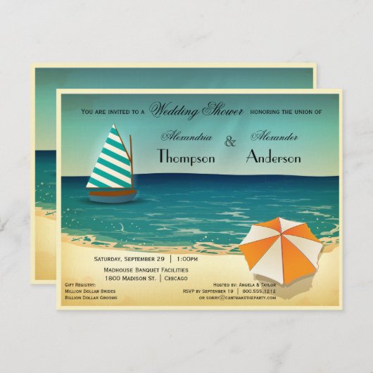 Retro Beach Scene Weddenschap Shower Uitnodiging (Voorkant / Achterkant)