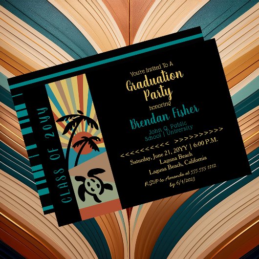 Retro Beach Sunset Scene Graduparty Kaart