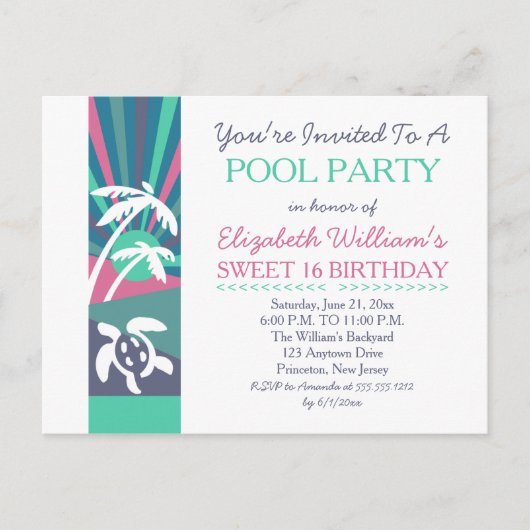 Retro Beach Sunset Sweet 16 Birthday Pool Party Briefkaart (Voorkant)