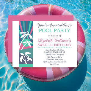 Retro Beach Sunset Sweet 16 Birthday Pool Party Kaart