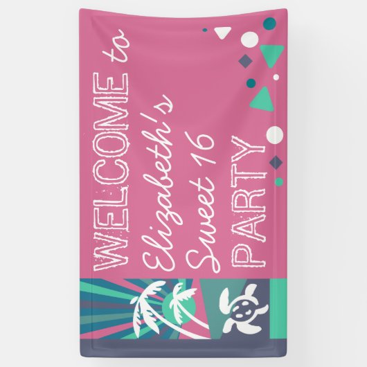 Retro Beach Sunset Sweet 16 Birthday Pool Party Spandoek (Verticaal)