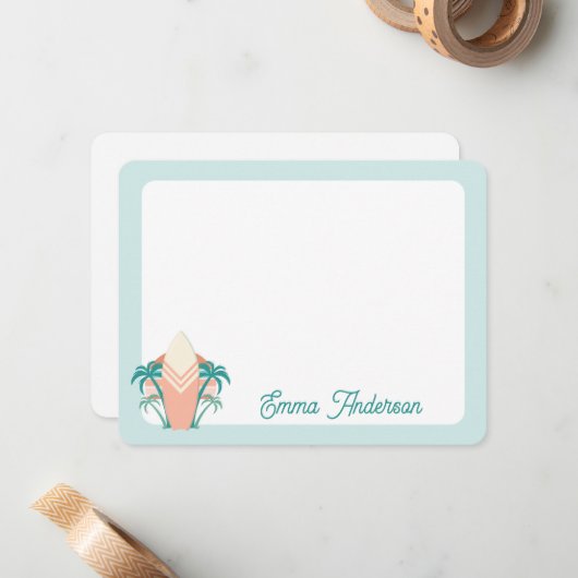 Retro Beach Surfboard Palm Tree Tropical Note Kaar Notitiekaartje (Voorkant / Achterkant in situ)