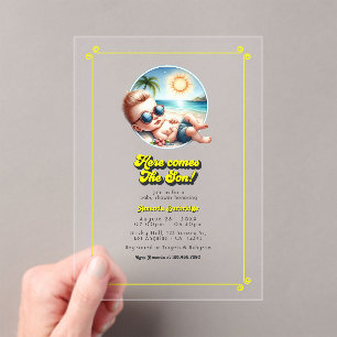 Retro Beach Theme Here Comes The Son Baby shower Acryl Uitnodigingen