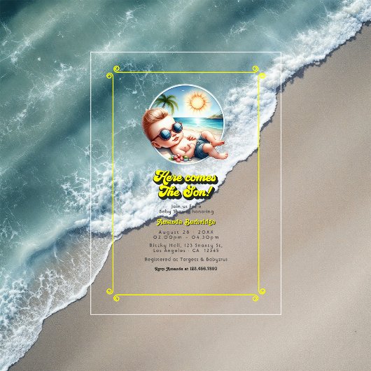 Retro Beach Theme Here Comes The Son Baby shower Acryl Uitnodigingen
