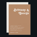 Retro Beach | Uitnodiging tot bruin huwelijk<br><div class="desc">Dit retro strand | De bruine trouwuitnodiging is perfect voor je eenvoudige , kleurrijke tropische boho zomerbruiloft. Het unieke bohemische middeleeuwse lettertype geeft dit ontwerp een klassiek, minimalistisch hippiebeeld. Stel dat je op zoek bent naar een design dat heldere, rustige oceaankleuren bevat voor je creatieve 70's strandbruiloft. In dat hoesje...</div>