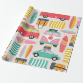 Retro Beach Van en Surfboard Patroon Cadeaupapier (Uitgerold)