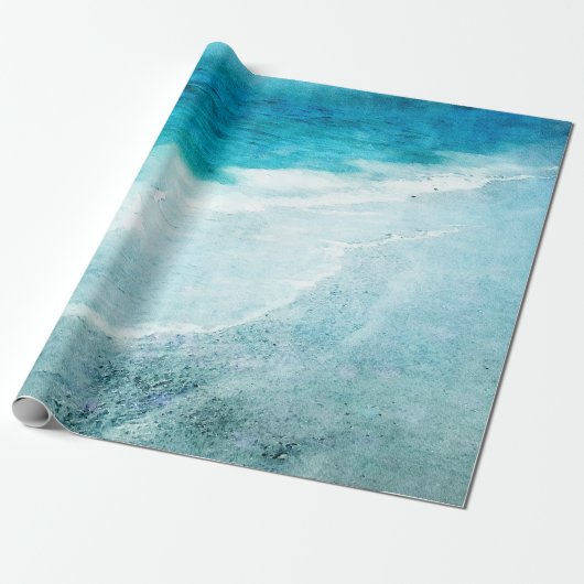 Retro Beach - Waterverf voor de Blauwgroen Kustbla Cadeaupapier (Uitgerold)