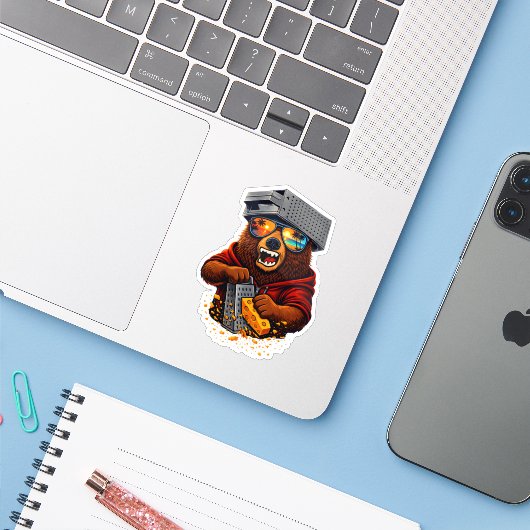Retro Bear With Cheese Grater Hat and Sunglasses Sticker (Laptop met iPhone)