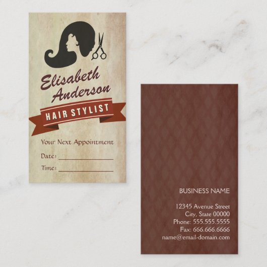 Retro Beauty - Hair Salon Stylist Benoeming Afsprakenkaartje (Voorkant / Achterkant)