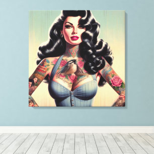Retro Beauty Tattooed Pin Up Canvas Afdruk