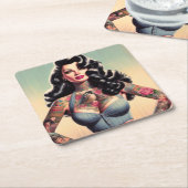 Retro Beauty Tattooed Pin Up Kartonnen Onderzetters (Schuin)