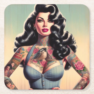 Retro Beauty Tattooed Pin Up Kartonnen Onderzetters