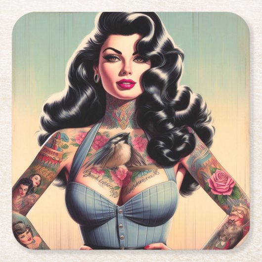 Retro Beauty Tattooed Pin Up Kartonnen Onderzetters (Voorkant)