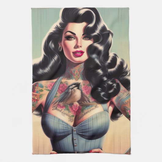 Retro Beauty Tattooed Pin Up Theedoek (Verticaal)