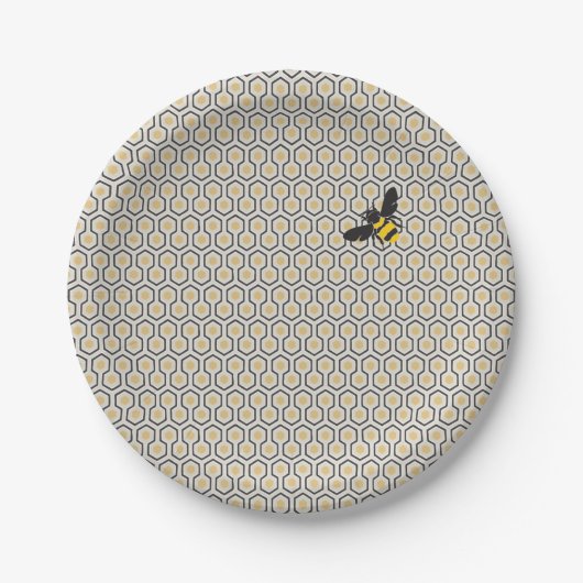 Retro Bee en Honeycomb Grid Pattern Papieren Bordje (Voorkant)
