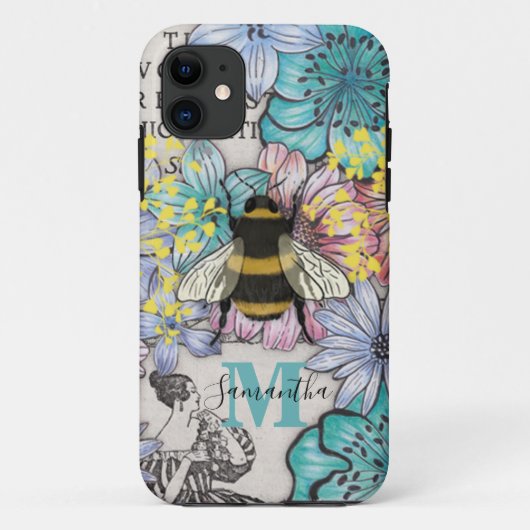 Retro Bee Floral Monogram iPhone Case (Achterkant)
