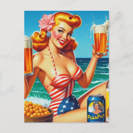 Retro Beer Pin-up Briefkaart (Voorkant)