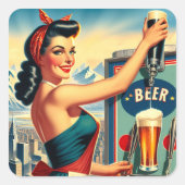 Retro Beer Pinup Vierkante Sticker (Voorkant)