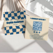 Retro Beige & Blue Wavy Checkerboard with QR Code Vierkante Visitekaartje